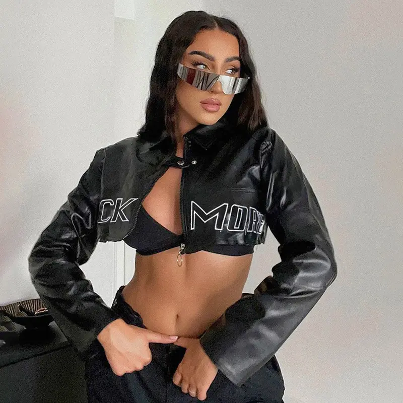 2022 Fall Fashion Streetwear Long Sleeve Ladies Zip Letter Woman Cardigan Cropped Black Leather Biker Jacket Women Motorcycle