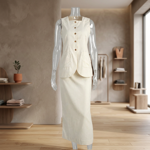 Women's 2-Piece <b>Set</b> Sleeveless <b>Blazer</b> Top Knee Length Skirt Solid Color Cotton Oxford Office Lady Style Regular Fit - Product Image 4