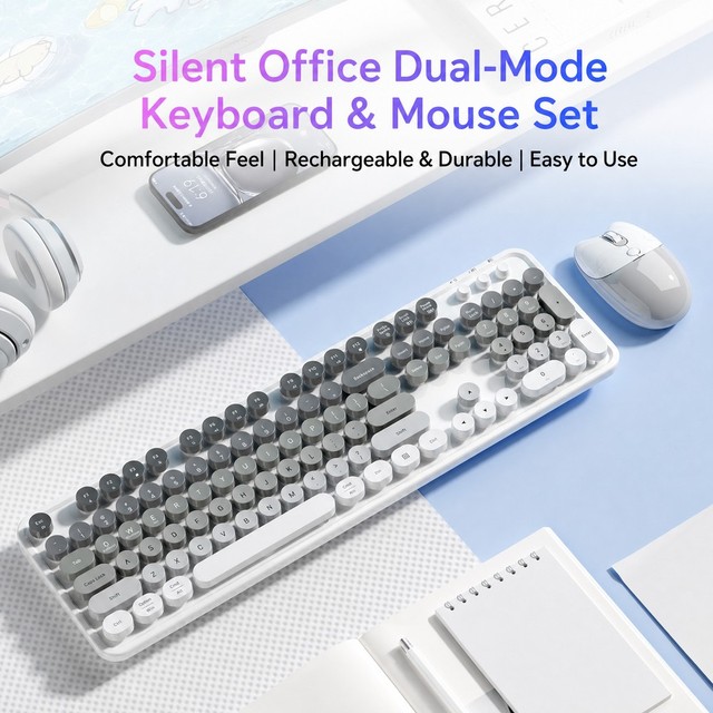Rechargeable Keyboard and Mouse Combo With 2.4G BT Dual Mode Silent Keys 1600 DPI Ergonomic Design for Notebook PC