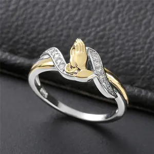 Thời Trang CZ Prong Thiết Lập Hai Tone Màu Bạc Vàng May Mắn Thiêng Liêng Christian Tôn Giáo Cầu Nguyện Tay Nhẫn Cho Nam Giới Phụ Nữ