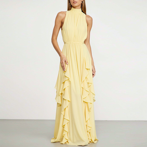 Robe longue en mousseline de soie personnalisée pour femme, sans manches, à volants, fluide, taille élastique, élégante, pour soirée - Product Image 3