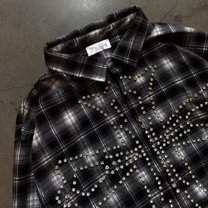 Personnalisé Unisexe Bouton Baggy Plaid Chemise à Manches Longues pour Hommes Coton Lavage À L'acide Détresse Flanelle Strass Revers Streetwear Chemises - Product Image 5