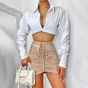 20243285A Women Clothing Spring Sexy Cleavage Crop Tops Fashion Bubble Sleeve Blouse