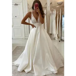 V-Ausschnitt Weiß Satin Eine Linie Mädchen Party Wear Kleid Hochzeit Sexy Plus Size Spitze 2020 Brautkleider