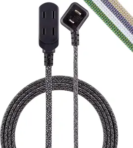 15Ft 3 Outlet Extension Cord 2 Prong Power Strip Extra Cable with Flat Plug Braided Fabric Cord Slide to Close Safety Outlets
