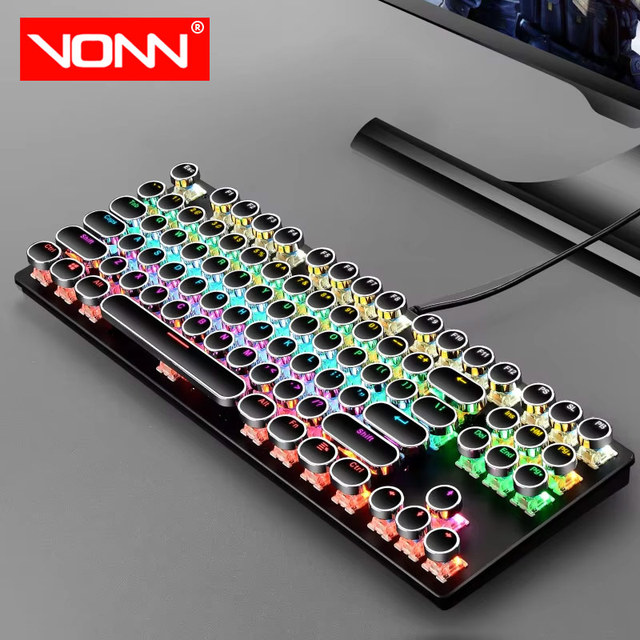 Typewriter T-wolf T12 Retro Punk 87 Keys Mechanical Keyboard USB Wired Light Round Keycap Keyboard for Desktop Laptop