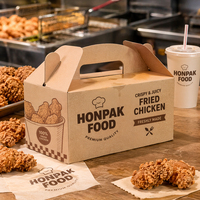 Boîte à poulet frit en papier kraft personnalisée avec poignée, emballage alimentaire à emporter, boîte à emporter résistante à la graisse, boîte à fast-food HONPAK