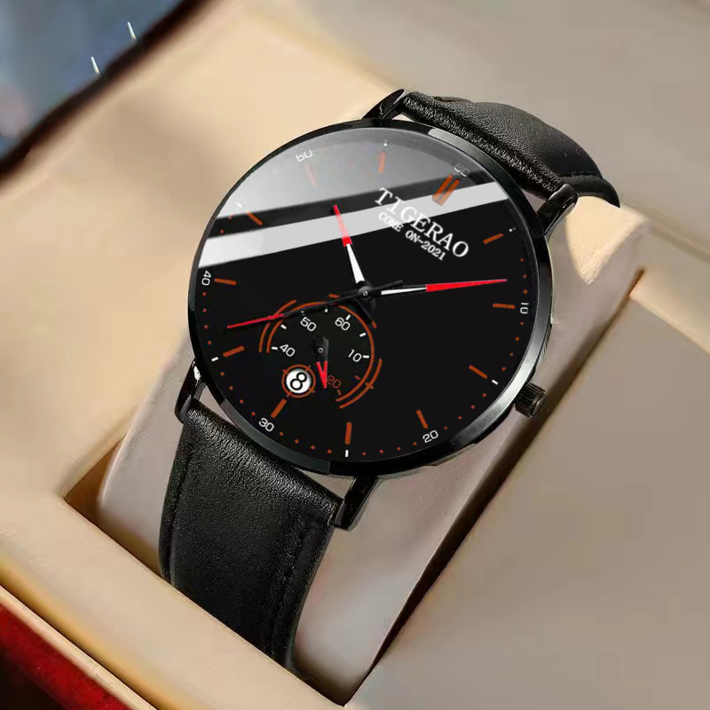 056 black leather red needle-imported movement
