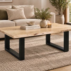 Mesa de Centro Rectangular de Madera de Acacia Marrón Natural para Sala de Estar con Patas de Metal Negro, Muebles Modernos Rústicos para el Hogar - Product Image 1