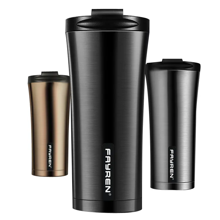 FAYREN Tumbler Mobil, Tumbler Kopi Stainless Steel Bubuk Modern, Cangkir Reguler Dinding Ganda dengan Tutup