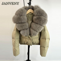 JANVENY 2025 Hiver Grand Manteau Duvet Matelassé Fourrure de Renard Naturelle Moelleuse Femme Chaud 90% Plumes de Canard Blanc Courte Doudoune Imperméable Parka