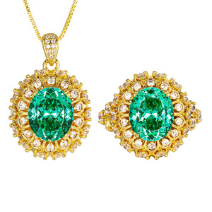 Joyería Vintage Ecológica, Chapada en Oro sobre Cobre, con Circonita Verde de 10*12mm, Conjunto de Collar y Anillo Floral para Mujer - Product Image 6
