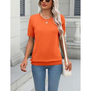 Suéter de punto ligero con cuello redondo y manga corta para mujer, ropa básica informal holgada - Product Image 3