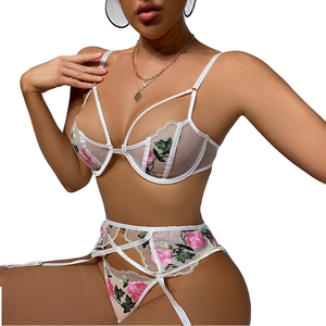 Conjunto de sujetador de lencería sexy de tres piezas <span class=keywords><strong>para</strong></span> mujer Encaje transparente bordado con bragas de medio deslizamiento de control firme - Product Image 1