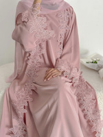 Abaya pour femmes du Moyen-Orient, Dubaï, arabe, islamique, musulmane, robe intérieure à col ouvert de couleur unie, robe à deux pièces brodée de fleurs en dentelle