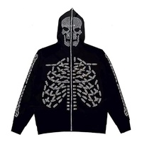 Sweat-shirt à capuche zippé pour homme, noir, style streetwear gothique Y2K, avec imprimé araignée en strass, coupe oversize