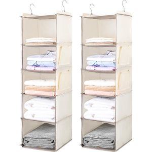 Organisateur de placard suspendu à 5 niveaux avec poches latérales, rangement pliable pour chambre à coucher, beige, 1 pièce - Product Image 1