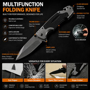 Cuchillo Plegable Táctico de Supervivencia para Camping, con Hoja de Acero 3cr13 con Recubrimiento Negro OEM, Mango G10, Rompecristales - Product Image 2