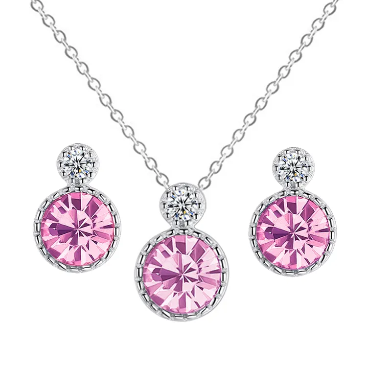 RINNTIN Ssw1 Moda Áustria Azul Rosa Brincos Colar De Cristal 925 Set Jóias De Prata Para As Mulheres Nupcial Senhoras