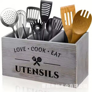 Boîte de rangement pour ustensiles de cuisine, boîte de rangement pour couverts en bois massif, organisateur vintage pour couteaux et fourchettes, étagère de comptoir de cuisine en bois - Product Image 3