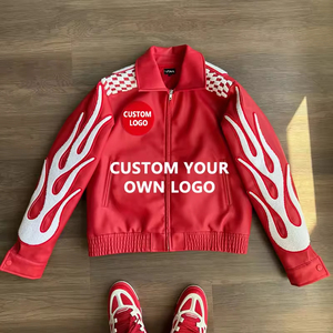 Jaket Pria Kulit PU Bordir Chenille Merah Model Crop Zipper Streetwear Custom YUCHEN Oem - Product Image 4
