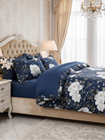 Parure de lit en coton imprimé floral bleu, 100 % coton, respirante, haute densité de fils 5280, douce et confortable, housse de couette