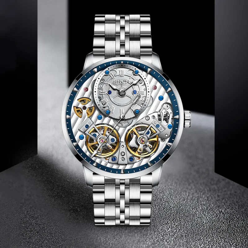 JINLERY mechanical watch double flywheel fashion small dial hour hand leather strap waterproof mechanical watch