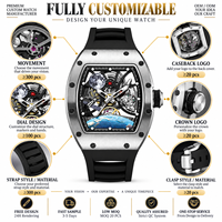 20 PIÈCES Montre Homme Personnalisée en Acier Inoxydable Tonneau, Bracelet Silicone, Squelette Creux Astronaute, Mouvement Mécanique Automatique à Réserve de Marche, 3 ATM