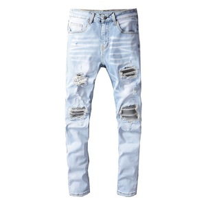 <span class=keywords><strong>Jeans</strong></span> Strappati da <span class=keywords><strong>Uomo</strong></span> Personalizzati Stile High Street Americano ed Europeo, Elasticizzati Slim Skinny <span class=keywords><strong>Fit</strong></span> con Toppe, Pantaloni in Tessuto Denim di Marca da <span class=keywords><strong>Uomo</strong></span> - Product Image 2