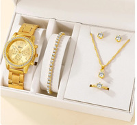 5 Stück zierliche Quarzuhr mit Herz schmuck Set für Frauen Strass Uhr Doppel herz Halskette Armband Ohrringe Ring Set