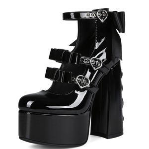 Bottes courtes à plateforme pour femme, grande taille 47, avec boucles cœur, lacets croisés à l'arrière, talons épais et nœud - Product Image 4