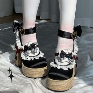 <b>Black</b> Satin Lolita Heeled Sandals With Bow And Card Decoration Chunky <b>Platform</b> High <b>Heel</b> Closed Toe Women's Shoes - Product Image 1