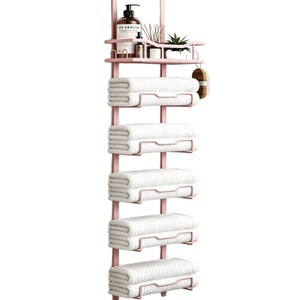 Pink Wrought Iron Wall Mounted Towel Rack 6 Tier Organizer <b>Shelf</b> For Bathroom Door Storage With Multi Purpose No Drill - Product Image 5