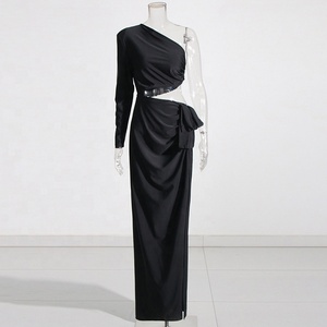 OUDINA New <span class=keywords><strong>monospalla</strong></span> a maniche lunghe <span class=keywords><strong>con</strong></span> <span class=keywords><strong>spacco</strong></span> irregolare elegante <span class=keywords><strong>abito</strong></span> <span class=keywords><strong>lungo</strong></span> senza schienale tinta unita da donna abiti da sera - Product Image 2