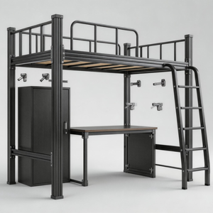 Heavy Duty Metal <strong>Loft</strong> <strong>Bed</strong> with D Wardrobe for Student Dormitory Small Space Bedroom Furniture Bunk <strong>Bed</strong> with Storage Shelves - Product Image 1