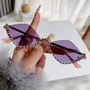 Diamond Shape <b>Small</b> <b>Frame</b> <b>Sunglasses</b> Women Metal Half Rim Polygonal Rhinestone Pearl UV400 Type 3 Outings Cycling Driving - Product Image 1