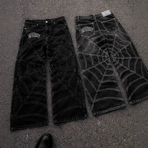 DiZNEW Jeans Larghi da Uomo Taglie Forti con Stampa Personalizzata Motivo a Ragnatela Jeans Hip Hop Pesanti Neri - Product Image 2