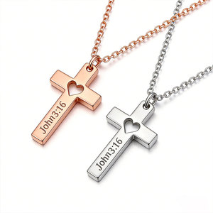 Collar con Colgante de Cruz Cristiana de Latón/Acero Inoxidable, Diseño de Corazón con Versículo de Juan 3:16, Joyería Moderna para Mujer, Superventas - Product Image 5