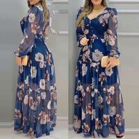 Robe longue florale pour femmes, printemps automne, style européen, imprimé, élégante, taille haute, manches longues, col en V, en mousseline de soie, décontractée