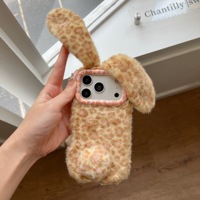 Coque Hiver Chaude en Peluche Léopard 3D avec Oreilles de Lapin pour iPhone 13 14 15 16 17 18 Pro Max – Housse Douce et Moelleuse en Fourrure de Lapin