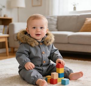 Tuta Invernale Calda per Neonati OEM, Tuta con Cappuccio in Pelliccia e Chiusura a Bottoni, Antivento, per Neonati con Fantasia a Tinta Unita - Product Image 4