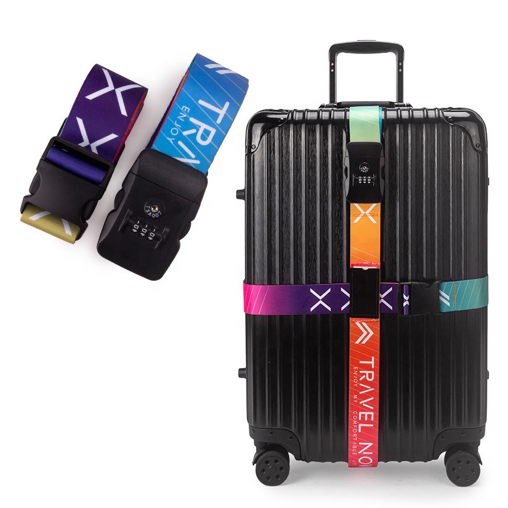 Heavy Duty Custom Gesublimeerd Print Logo Travel Case Elastische Cross Regenboog Met Metalen Tsa Slot Gesp Koffer Riem Bagage Riem