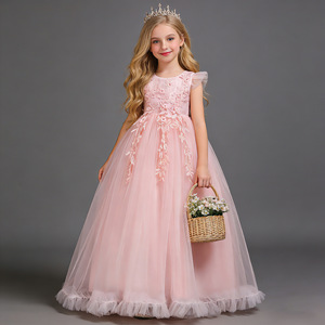 Vestido de princesa para niños, vestido largo de tul con cuello redondo y bordado floral para niñas, ropa de verano para actuaciones - Product Image 4