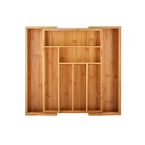 Caja de almacenamiento de bambú para cocina, cajón organizador para utensilios, soporte de vajilla, armario multifuncional, bandeja de cubiertos ajustable