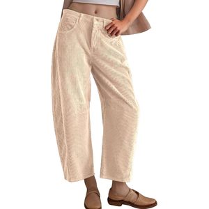 FOXA Pantalon en velours côtelé pour femme, coupe large, taille mi-haute, taille élastique, décontracté, 100 % coton respirant avec poches - Product Image 1