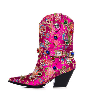 Stivaletti da donna con tacco alto a punta stile 2023 di lusso in oro nuovo strass in stile nazionale - Product Image 1