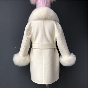 Manteau en laine pour maman et <span class=keywords><strong>moi</strong></span>, très tendance, avec col en vraie fourrure de <span class=keywords><strong>renard</strong></span>, manteau long en cachemire pour enfant avec ceinture, manteau en vraie fourrure de <span class=keywords><strong>renard</strong></span> - Product Image 3