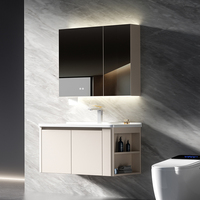 Meuble-lavabo flottant Lite Lux All-Al, porte de rangement gauche, double compartiment fermé, étagère latérale, vasque en céramique intégrée, pour projets résidentiels et hôteliers