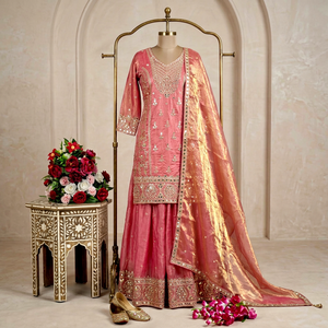 <b>Pink</b> Embroidered Silk Salwar Suit With Dupatta Floor-Length Traditional Indian Pakistani Women's Wear <b>Wedding</b> <b>Dress</b> - Product Image 1