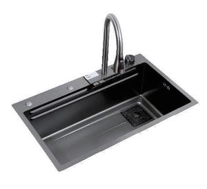 Évier de cuisine Digital Rain 750x450mm en acier inoxydable SUS304 noir titane PVD, robinet Digital Rain, passoire et planche à découper - Product Image 1